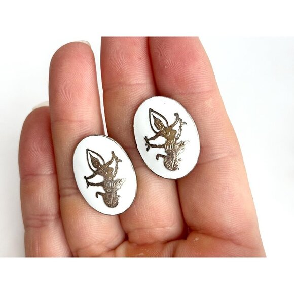Siam Sterling White Dancing Angel Oval Vintage Men's Sterling Silver Cufflinks - Picture 9 of 10